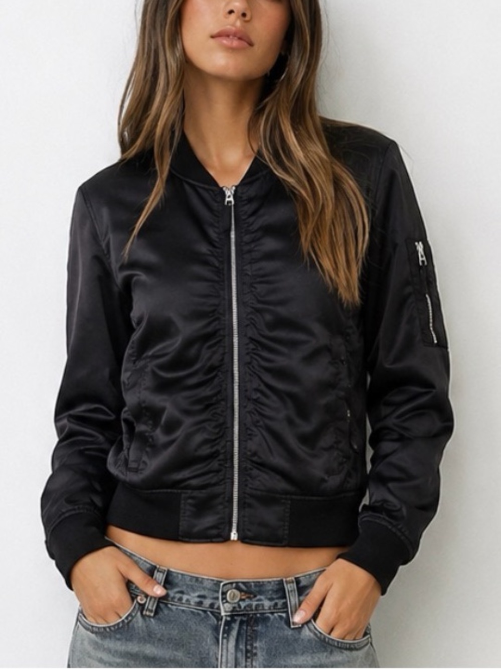 Lucky Brand Women's Satin Black Bomber Jacket